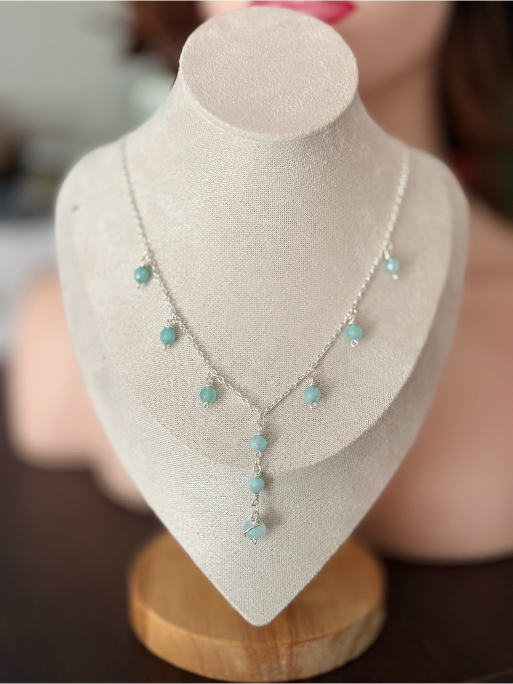 Aqua Chalcedony Gemstone Charm Lariat Necklace